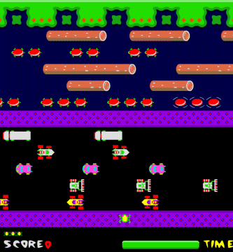 A screenshot from the first level of an online playable version of Frogger (http://www.happyhopper.org/)