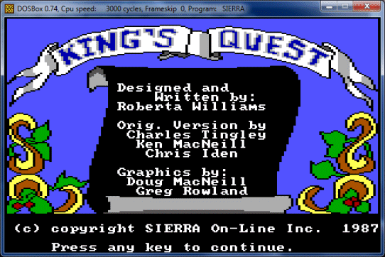 The opening screen of the 1987 DOS version of King's Quest