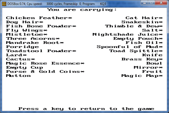 The inventory command reveals what Gwydion is carrying