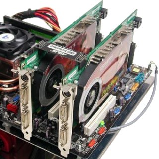 Two NVIDIA graphics cards connected by an SLI bridge