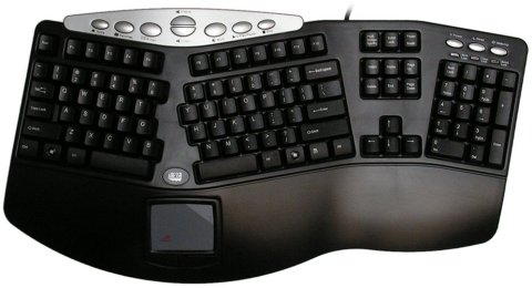 An Adesso Tru-Form Pro ergonomic keyboard with built-in wrist support