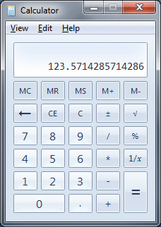 The result of calculating 865÷7 using the Ms Windows Calculator