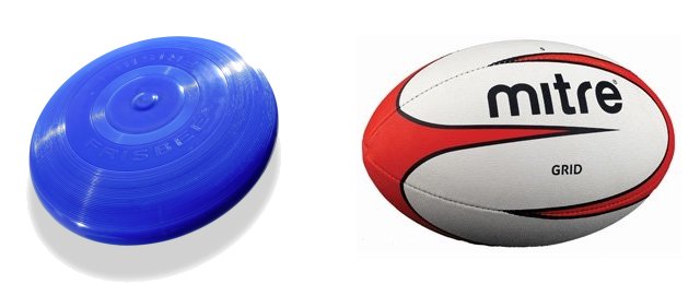 A Frisbee (left) is an oblate spheroid, while a rugby ball (right) is a prolate spheroid