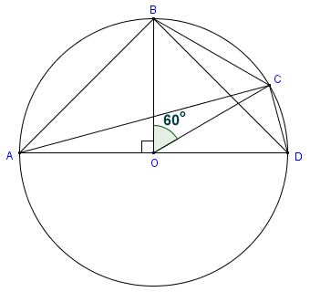 Chords AB and BC subtend central angles 90 degrees and 60 degrees respectively