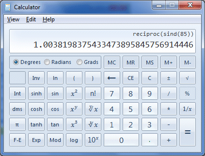 The calculator displays the value of csc(85 degrees)