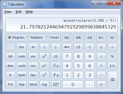 The calculator displays the value of angle theta