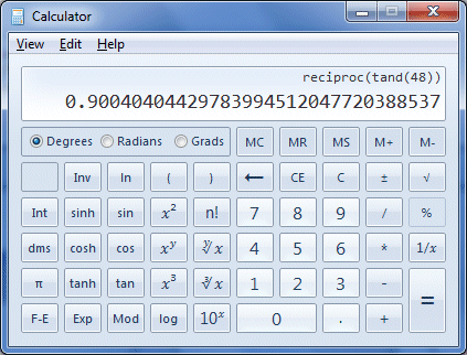 The calculator displays the value of cot (48 degrees)