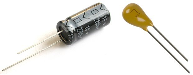 Aluminium (left) and tantalum (right) electrolytic capacitors
