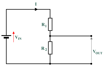 A potential divider consisting of two resistors in series with a supply voltage