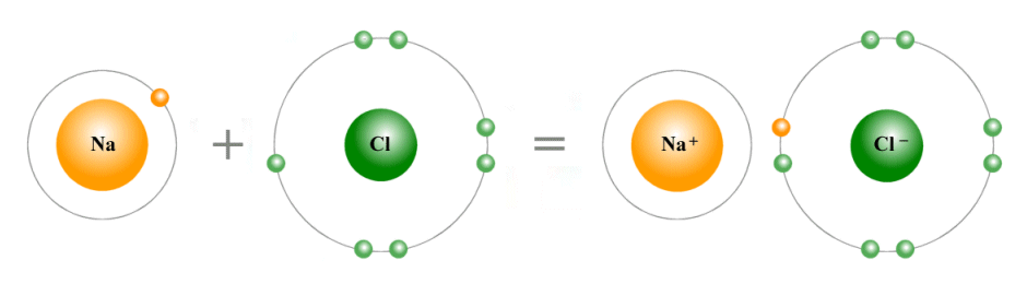 A sodium atom and a chlorine atom form an ionic bond