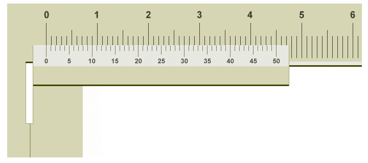 A simplified partial view of the vernier caliper with jaws closed