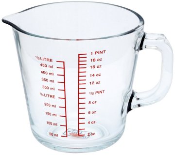 A household measuring jug is used to measure the volume of liquids in the kitchen