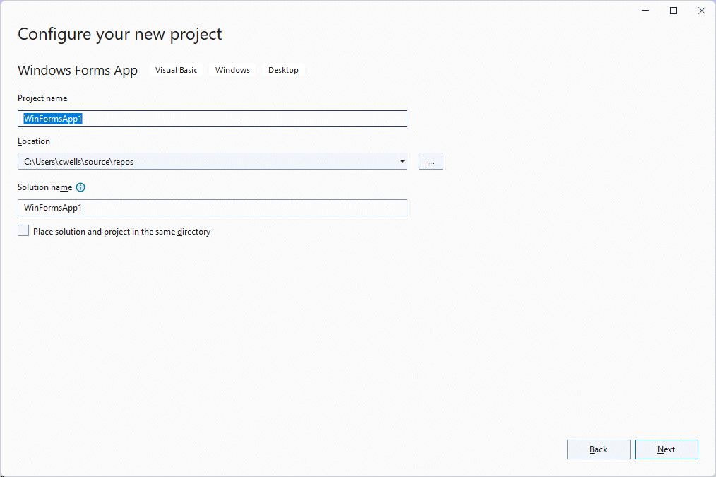 Select Windows Forms App (.Net Framework) from the available options