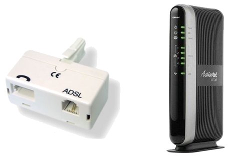 An ADSL microfilter (left) and an Actiontec GT724R DSL modem/router (right)