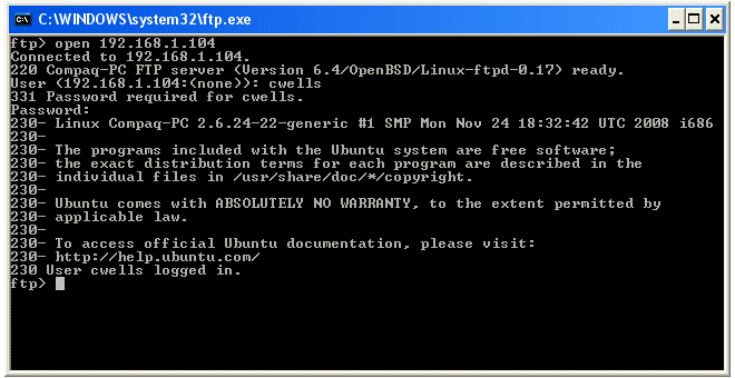 A Windows command-line FTP session