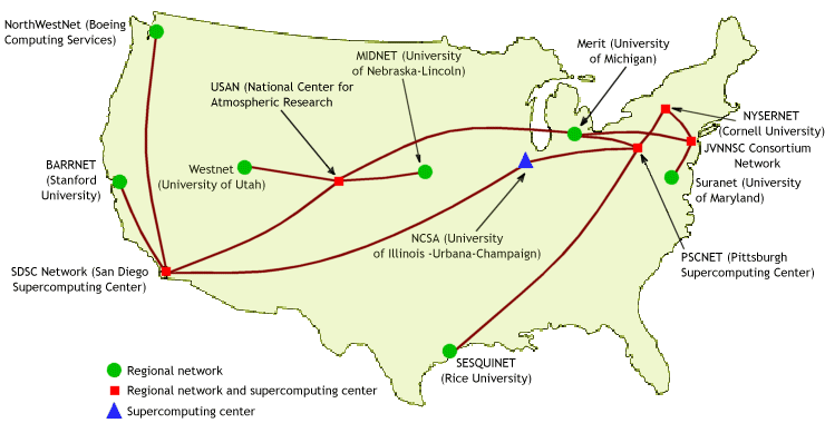 NSFNET T1 backbone map, 1988