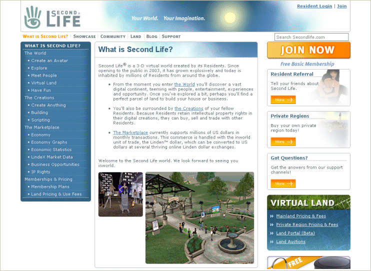 The Second Life "What is Second Life" page