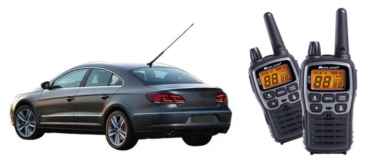 A whip aerial mounted on a car and a pair of two-way radios with 'rubber-ducky' aerials