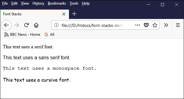 The browser will render each item in the first font it finds in the font stack