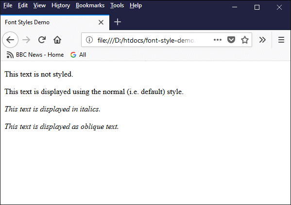 The browser displays text as normal text (the default), italic text, or oblique text