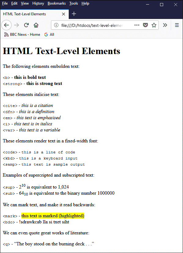 This example shows the effect of applying various text-level HTML elements