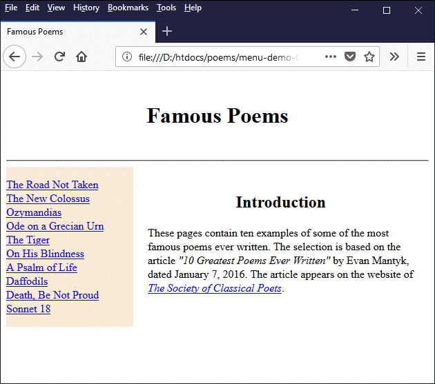 A web page with a simple vertical menu