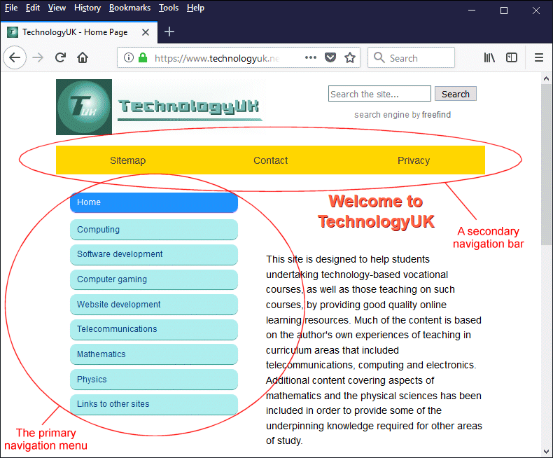 A secondary navigation bar runs across the top of each page on the technologyuk.net website