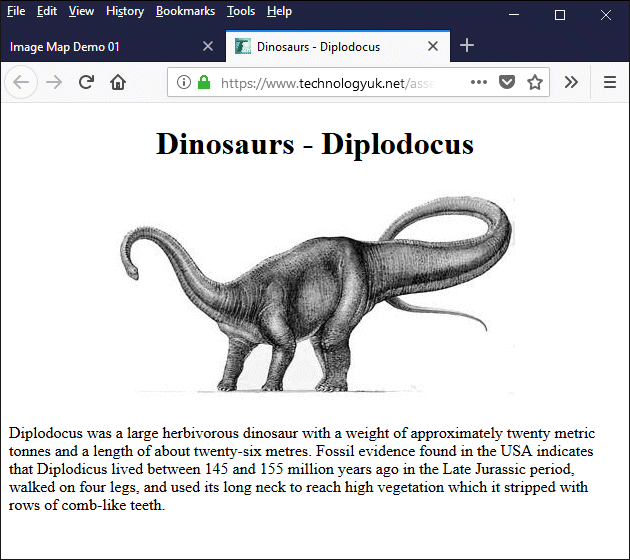 Clicking on one of the dinosaurs in the image will open that dinosaur's web page