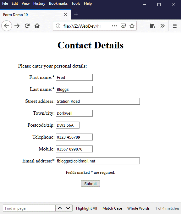 Enter some fictitious contact details in the form