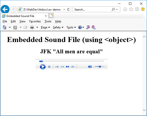 Internet Explorer 11 displays an audio control interface but does not immediately play the sound