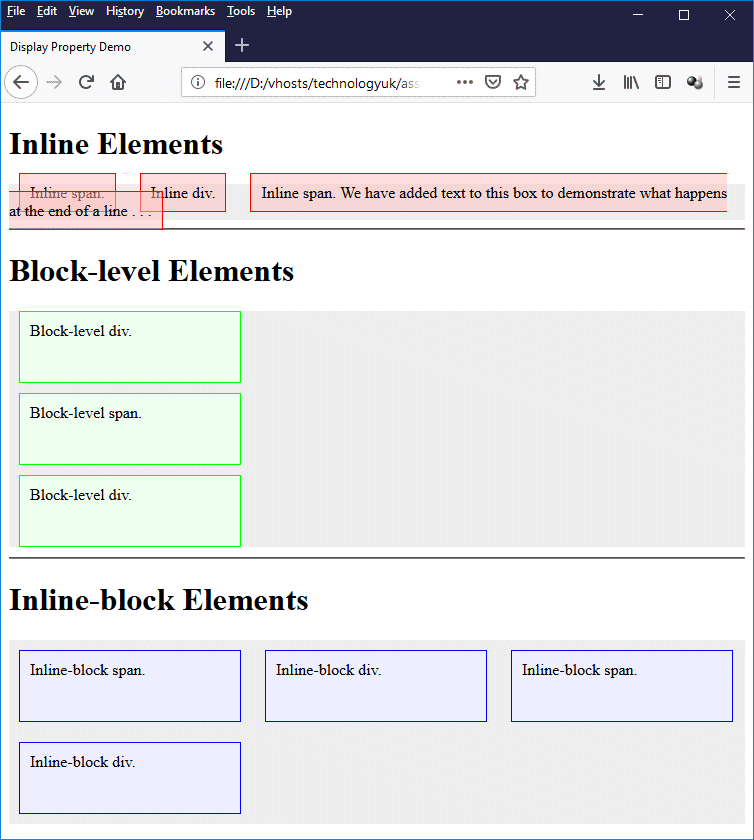 This example demonstrates the effect of changing an element's display property