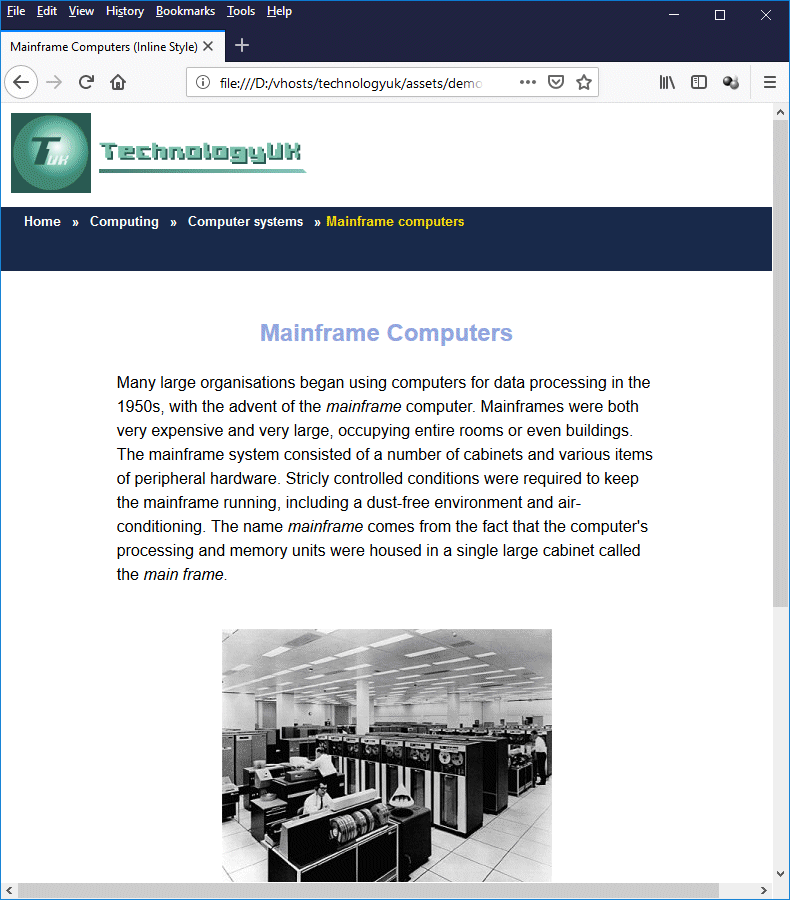 The 'Mainframe Computers' page with inline styling