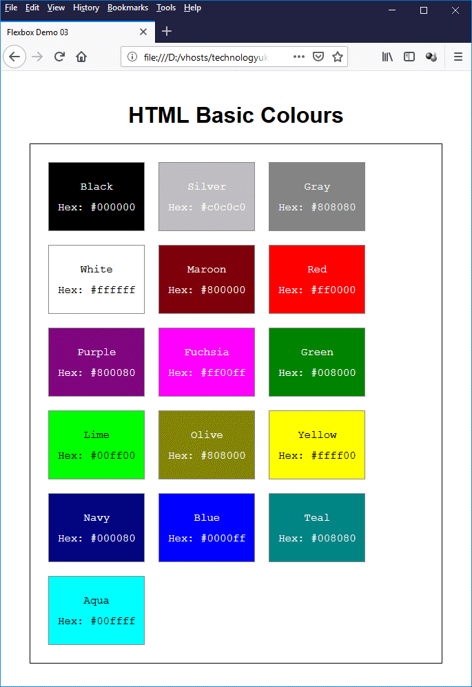 A colour chart showing the colours defined in the 1999 HTML 4.01 Recommendation
