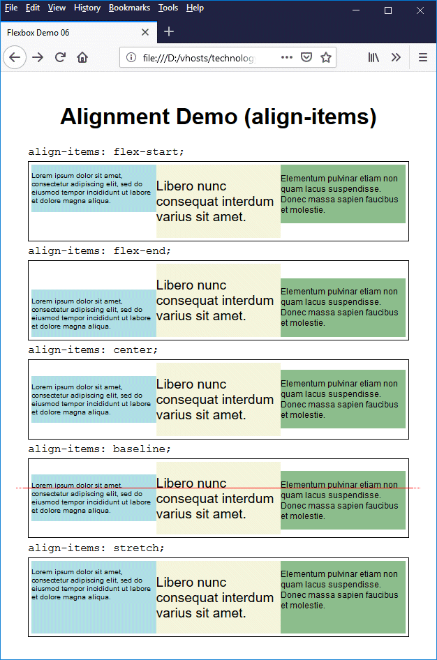 This page demonstrates the effect of applying different values to the align-items property