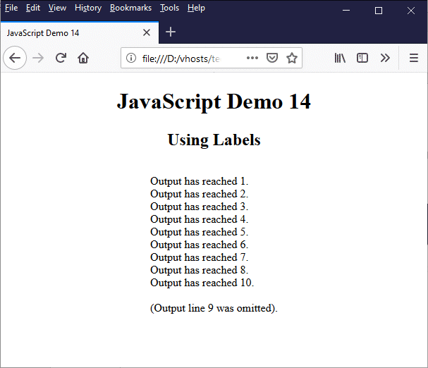 This HTML page uses continue with a label to skip one iteration of a loop