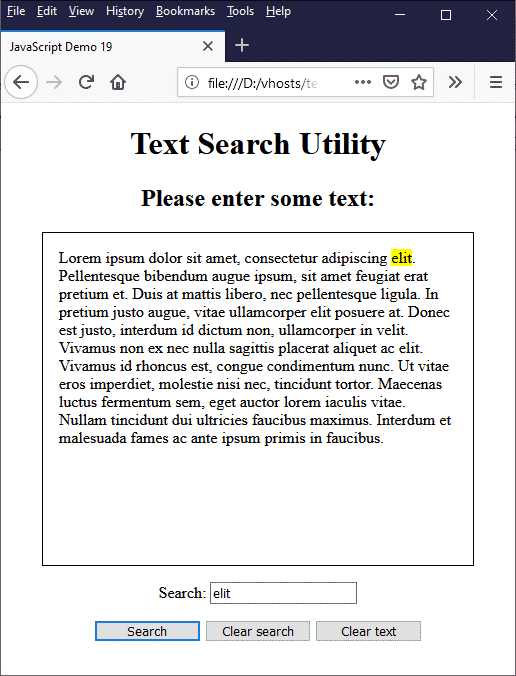 This page allows the user to enter some text and search for a word or phrase