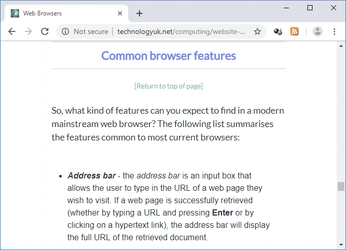 The Common browser features section of the page Web Browsers