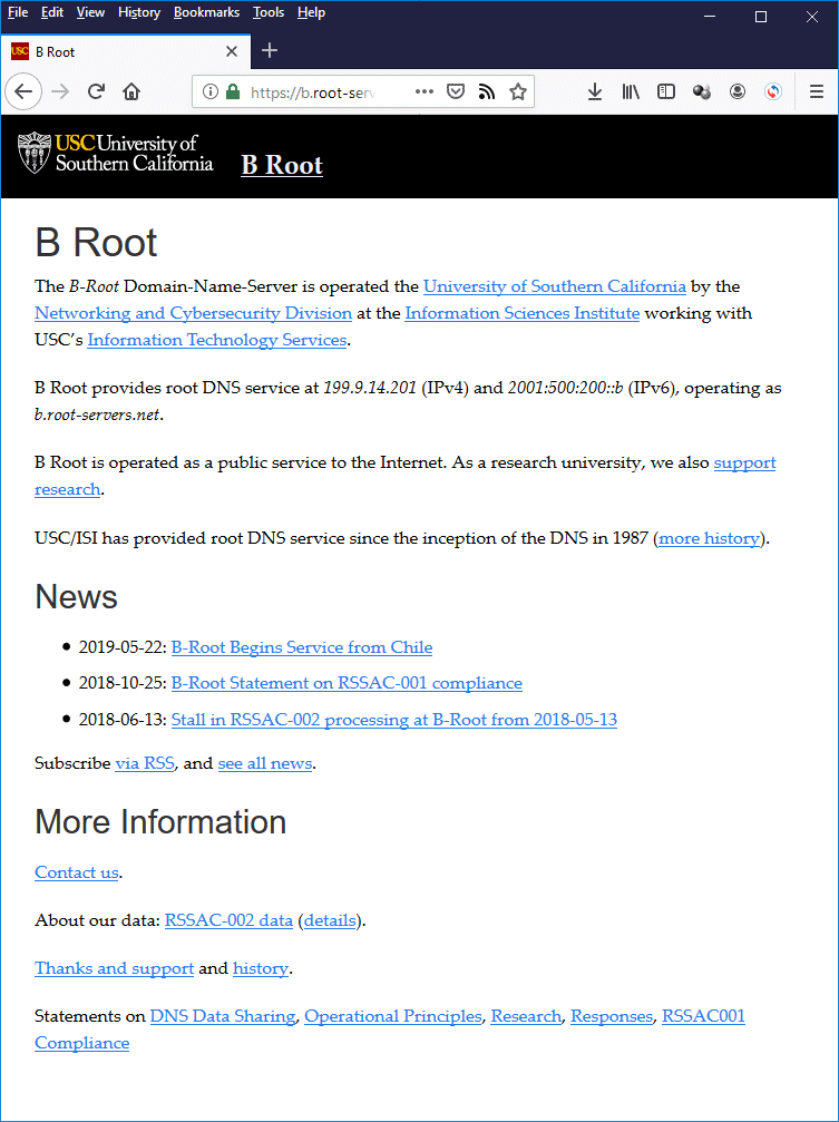 The home page for root name server at b.root-servers.net