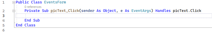 The code window displays the empty Click event procedure for the picText object
