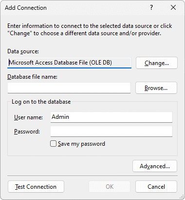 This dialog box allows us to choose the datasource type and database