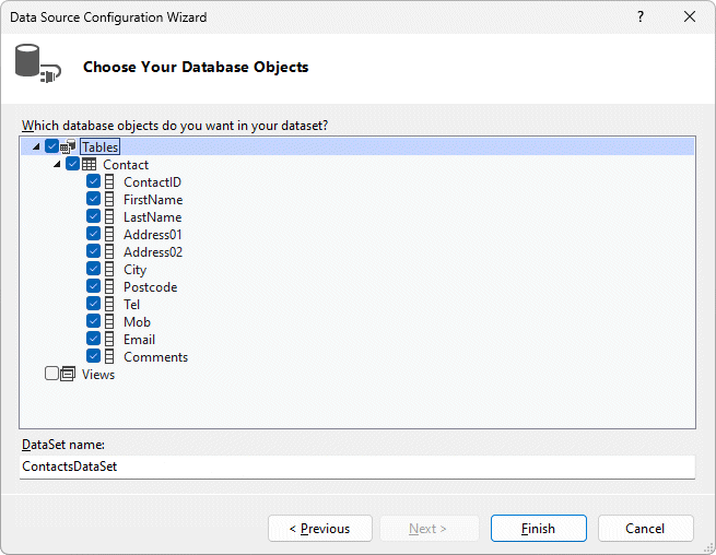 All of the fields in the Contact table are selected
