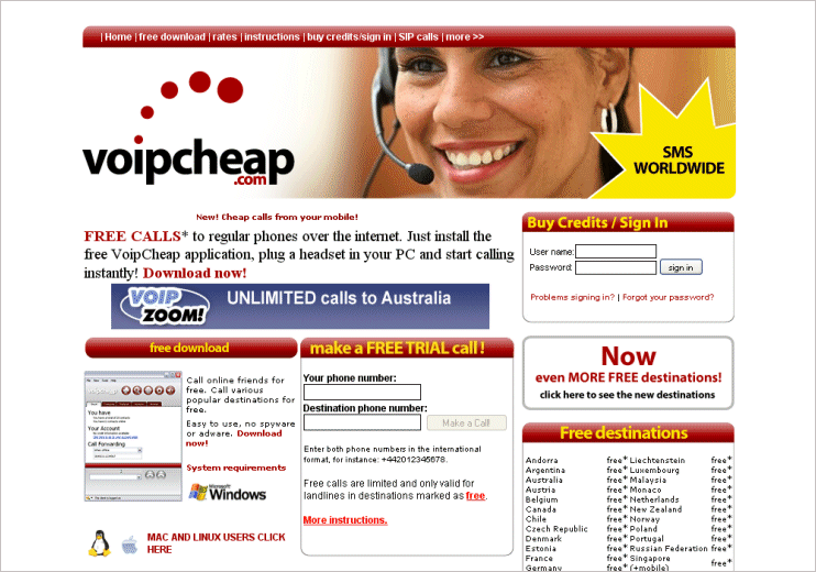 The Voipcheap home page (www.voipcheap.com)