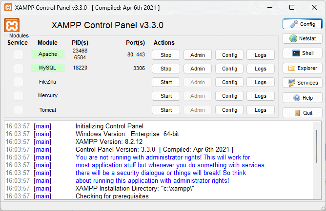 The XAMPP control panel