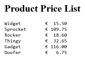 The formatted price list