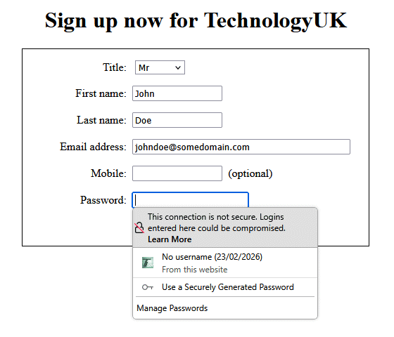 We will look at client-side password validation elsewhere in this section