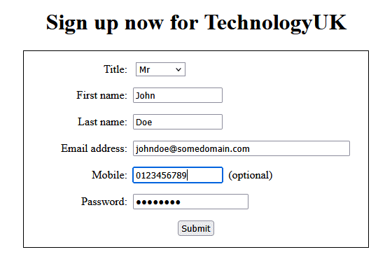 The form has been filled in and is awaiting form submission