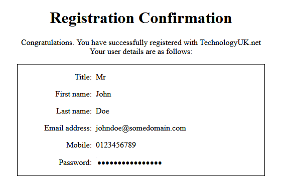 The web page now displays a confirmation message