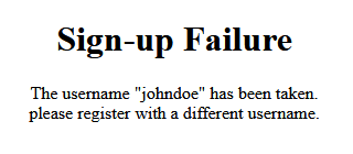 The user is asked to try again with a different username