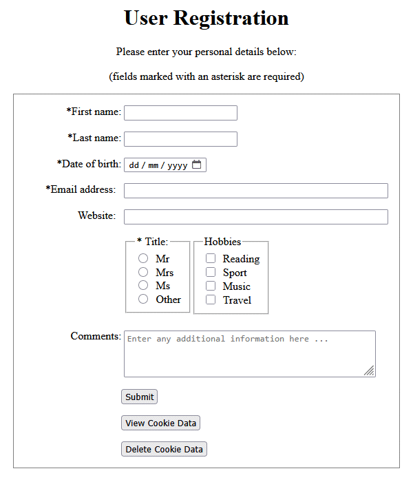 The form collects personal data about the user