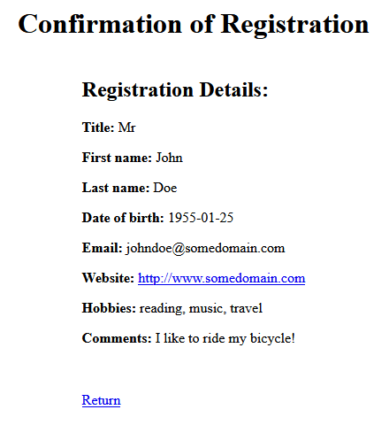 Submitting the form generates a user feedback page